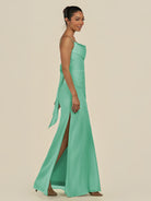 KissDress-Lumira Turquoise Sheath Spaghetti Straps Chiffon Ruched Long Bridesmaid Dress