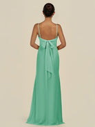 KissDress-Lumira Turquoise Sheath Spaghetti Straps Chiffon Ruched Long Bridesmaid Dress