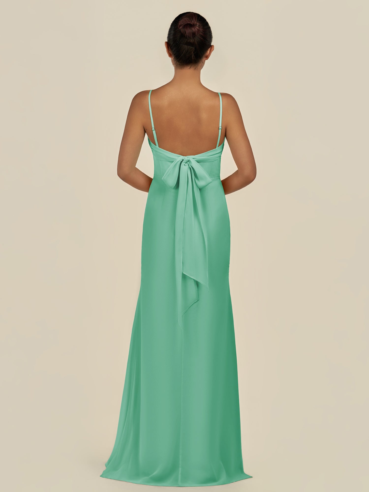 KissDress-Lumira Turquoise Sheath Spaghetti Straps Chiffon Ruched Long Bridesmaid Dress