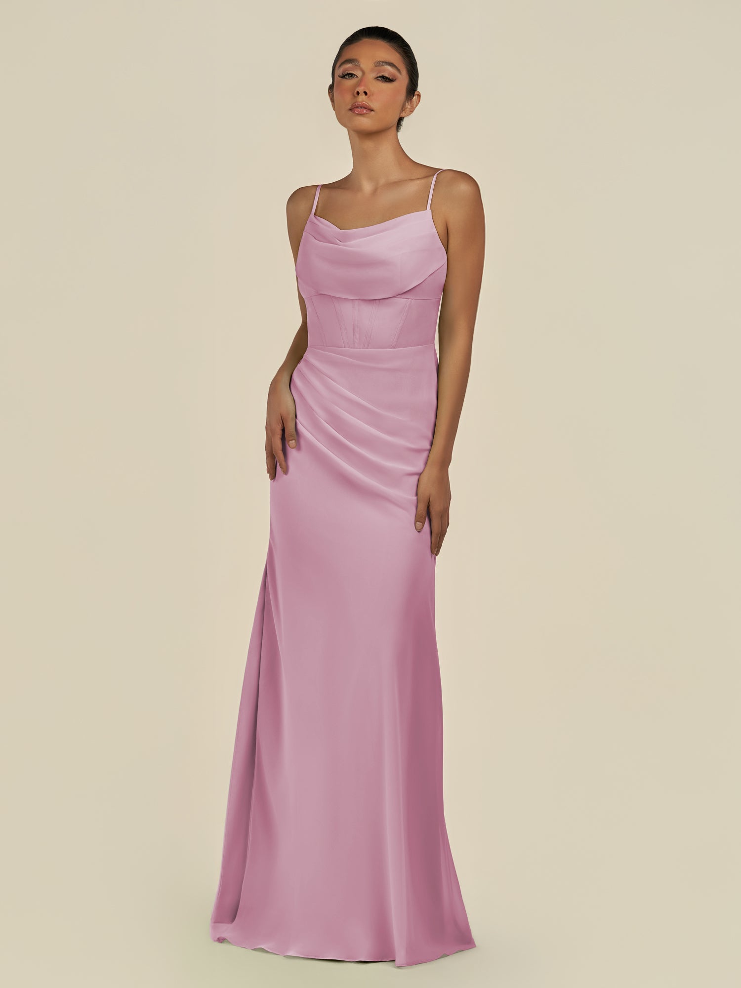 KissDress-Lumira Vintage Mauve Sheath Spaghetti Straps Chiffon Ruched Long Bridesmaid Dress