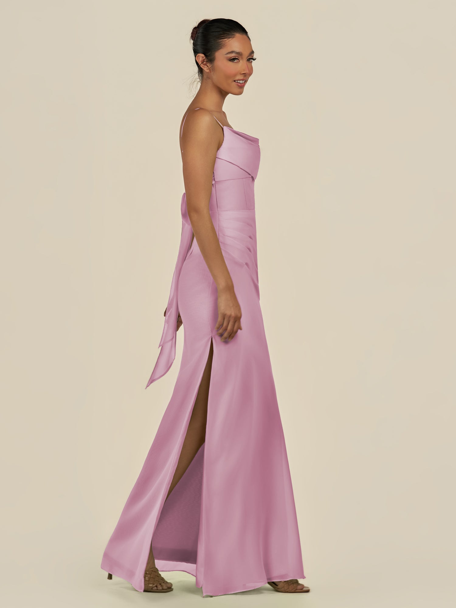 KissDress-Lumira Vintage Mauve Sheath Spaghetti Straps Chiffon Ruched Long Bridesmaid Dress
