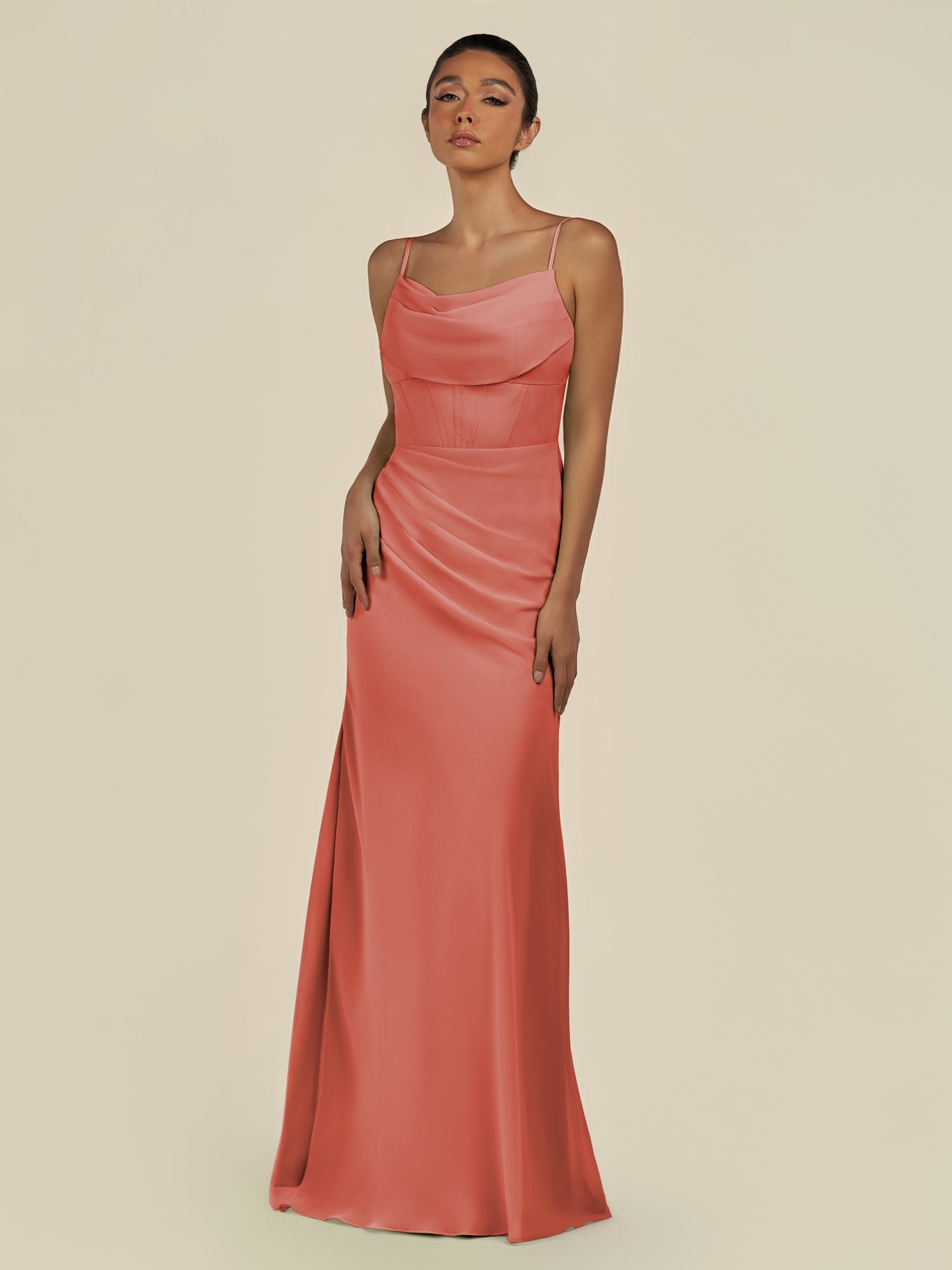KissDress-Lumira Wild Rose Sheath Spaghetti Straps Chiffon Ruched Long Bridesmaid Dress