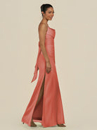 KissDress-Lumira Wild Rose Sheath Spaghetti Straps Chiffon Ruched Long Bridesmaid Dress