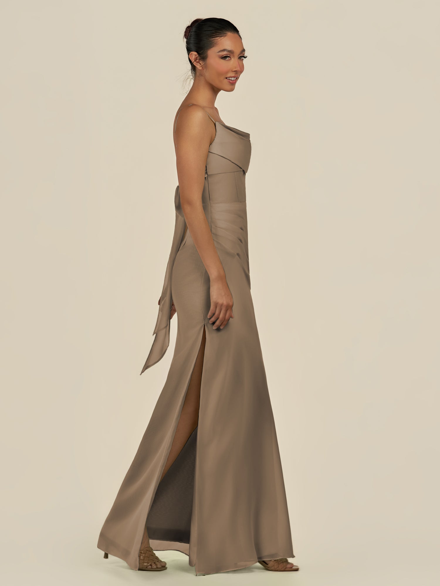 KissDress-Lumira Willow Green Sheath Spaghetti Straps Chiffon Ruched Long Bridesmaid Dress