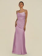 KissDress-Lumira Wisteria Sheath Spaghetti Straps Chiffon Ruched Long Bridesmaid Dress