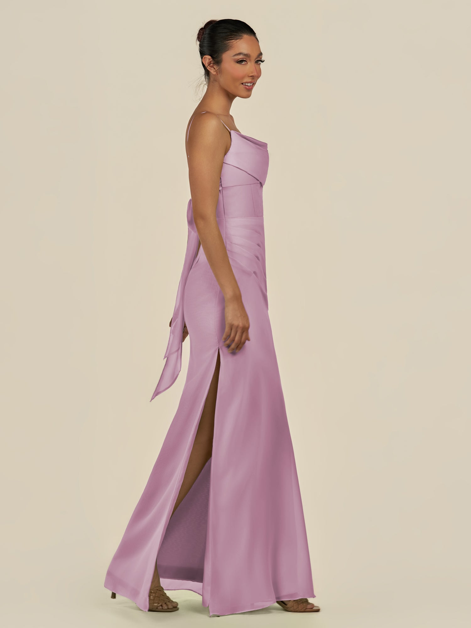KissDress-Lumira Wisteria Sheath Spaghetti Straps Chiffon Ruched Long Bridesmaid Dress