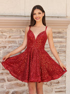 Lunessa | Red - A Line V Neck Sequined Short Homecoming Dresses - KissProm