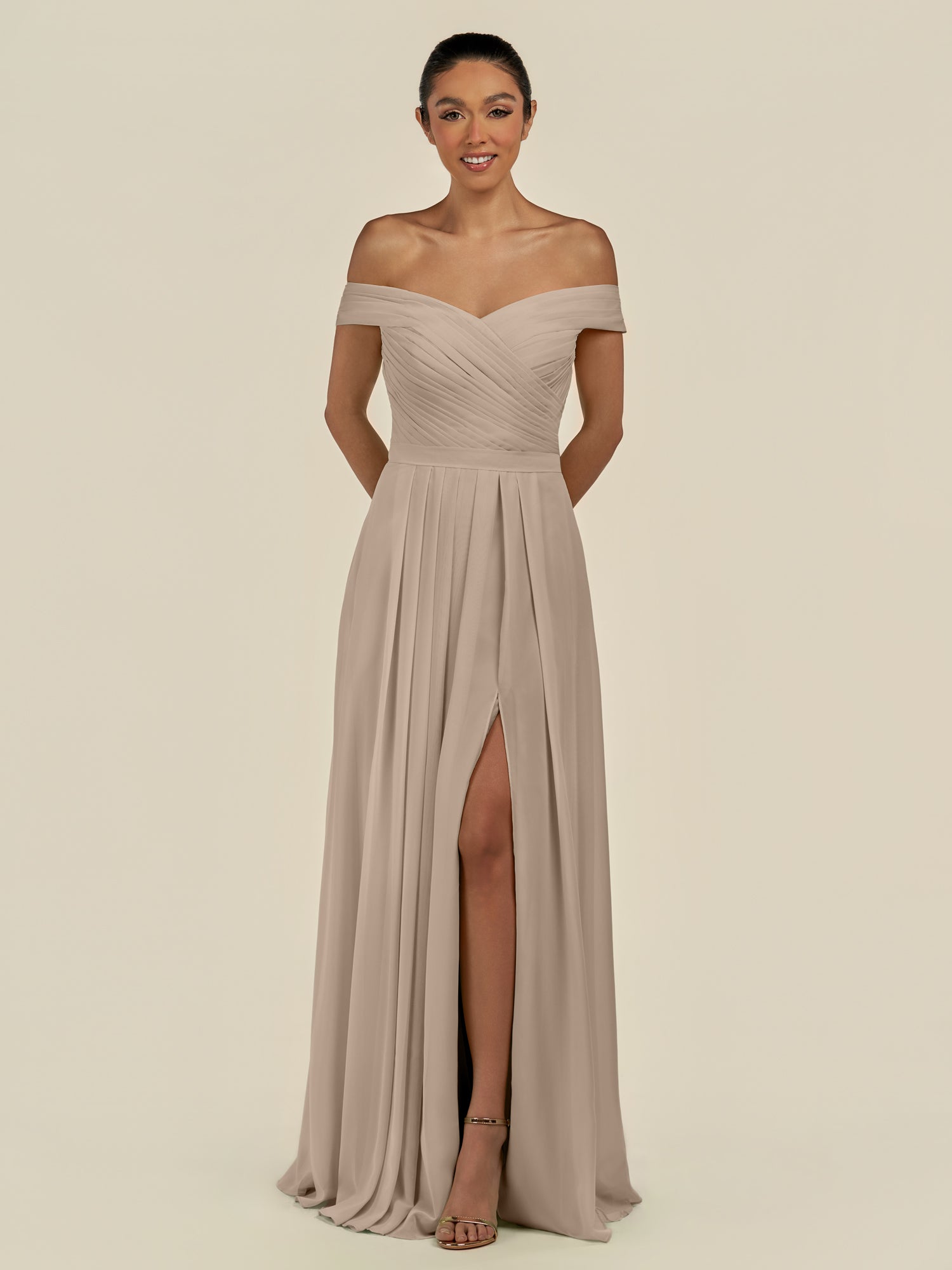 KissDress-Lurina Almond A Line Chiffon Off the Shoulder Pleated Long Bridesmaid Dress with Slit