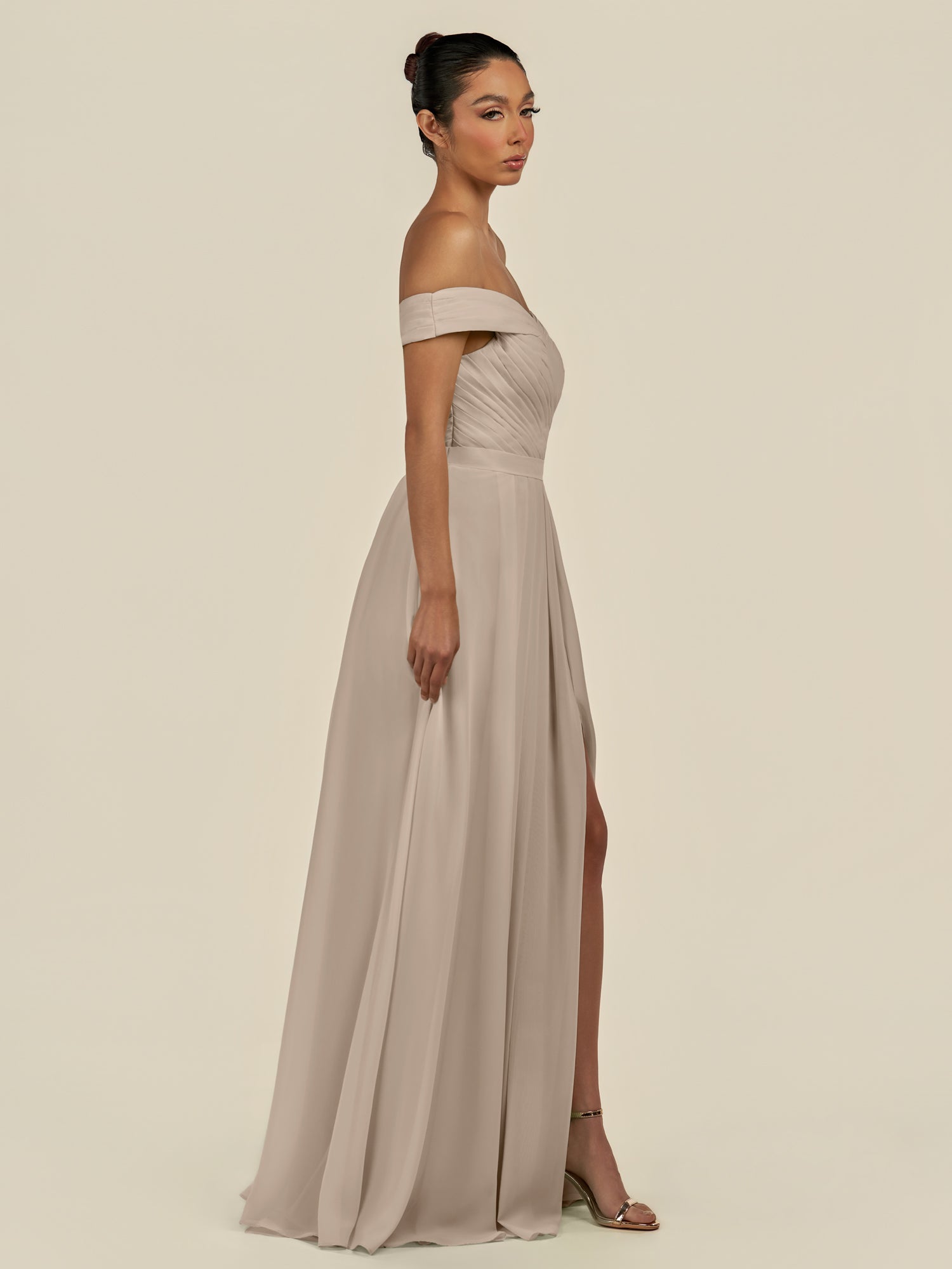 KissDress-Lurina Almond A Line Chiffon Off the Shoulder Pleated Long Bridesmaid Dress with Slit