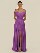 KissDress-Lurina Amethyst A Line Chiffon Off the Shoulder Pleated Long Bridesmaid Dress with Slit