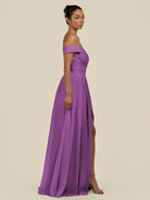KissDress-Lurina Amethyst A Line Chiffon Off the Shoulder Pleated Long Bridesmaid Dress with Slit