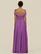 KissDress-Lurina Amethyst A Line Chiffon Off the Shoulder Pleated Long Bridesmaid Dress with Slit
