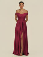 KissDress-Lurina Berry A Line Chiffon Off the Shoulder Pleated Long Bridesmaid Dress with Slit