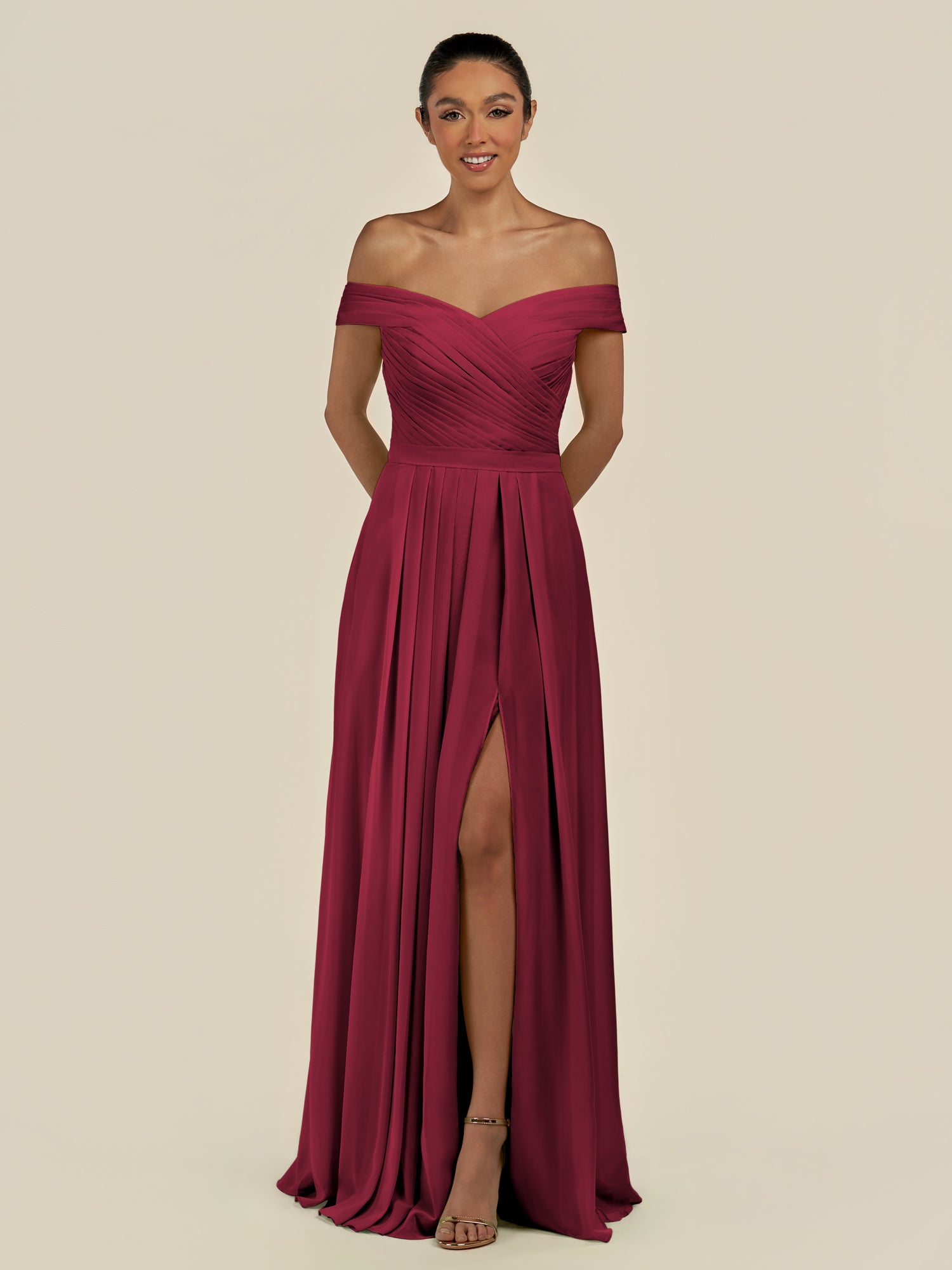 KissDress-Lurina Berry A Line Chiffon Off the Shoulder Pleated Long Bridesmaid Dress with Slit