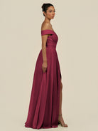 KissDress-Lurina Berry A Line Chiffon Off the Shoulder Pleated Long Bridesmaid Dress with Slit