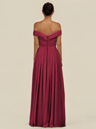 KissDress-Lurina Berry A Line Chiffon Off the Shoulder Pleated Long Bridesmaid Dress with Slit