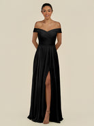 KissDress-Lurina Black A Line Chiffon Off the Shoulder Pleated Long Bridesmaid Dress with Slit