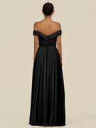 KissDress-Lurina Black A Line Chiffon Off the Shoulder Pleated Long Bridesmaid Dress with Slit