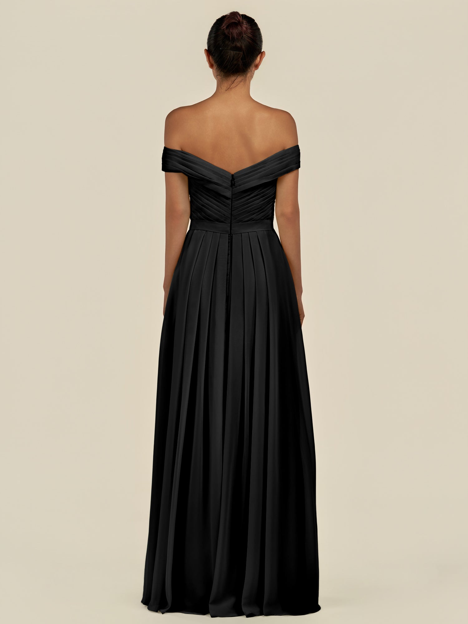 KissDress-Lurina Black A Line Chiffon Off the Shoulder Pleated Long Bridesmaid Dress with Slit