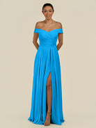 KissDress-Lurina Blue Jay A Line Chiffon Off the Shoulder Pleated Long Bridesmaid Dress with Slit