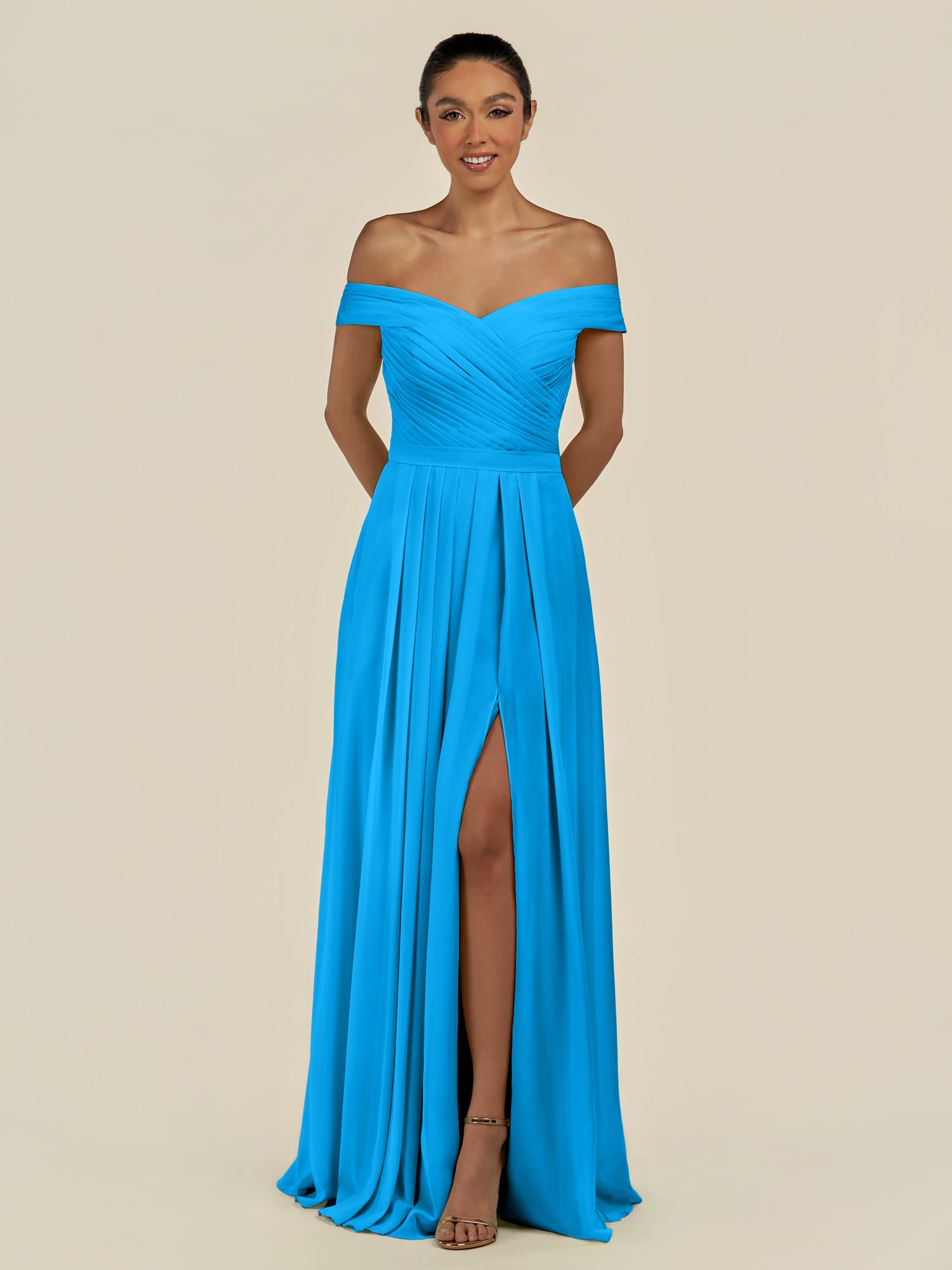 KissDress-Lurina Blue Jay A Line Chiffon Off the Shoulder Pleated Long Bridesmaid Dress with Slit