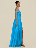 KissDress-Lurina Blue Jay A Line Chiffon Off the Shoulder Pleated Long Bridesmaid Dress with Slit