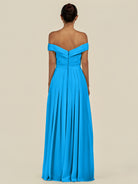 KissDress-Lurina Blue Jay A Line Chiffon Off the Shoulder Pleated Long Bridesmaid Dress with Slit