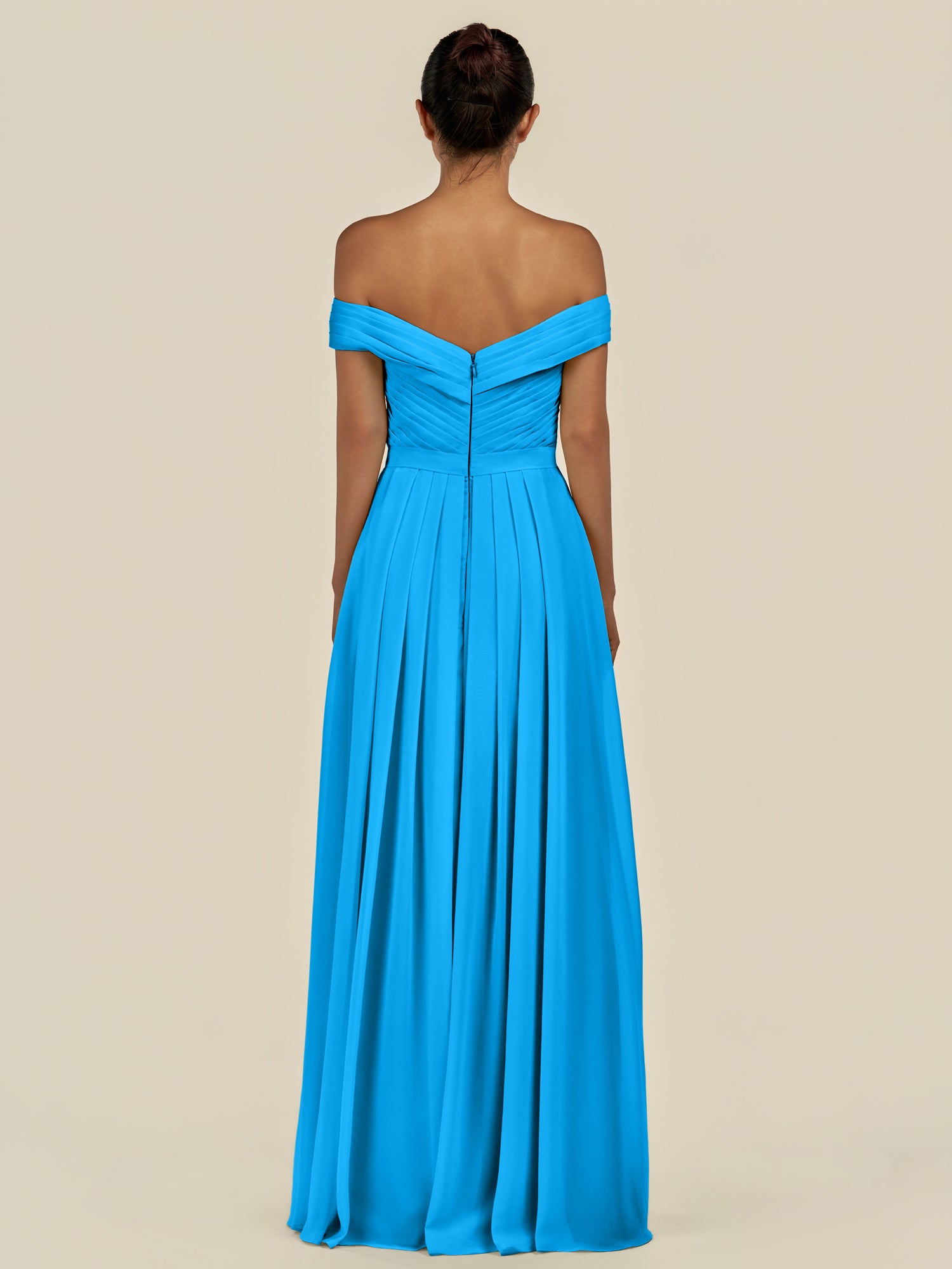 KissDress-Lurina Blue Jay A Line Chiffon Off the Shoulder Pleated Long Bridesmaid Dress with Slit