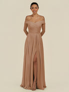 KissDress-Lurina Bronzer A Line Chiffon Off the Shoulder Pleated Long Bridesmaid Dress with Slit