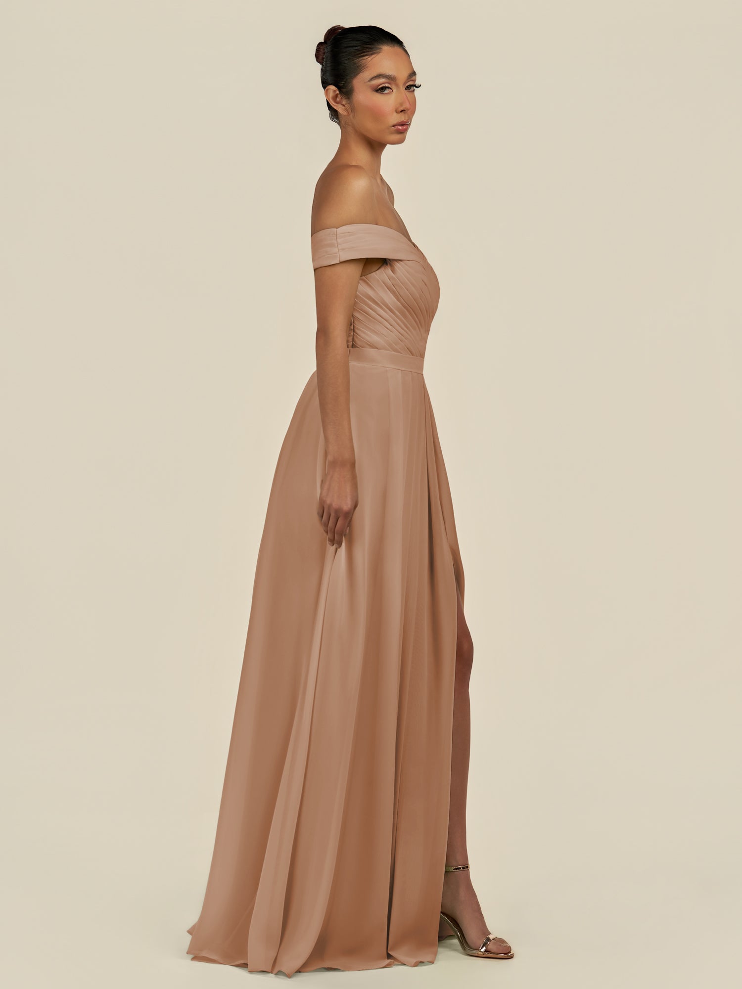 KissDress-Lurina Bronzer A Line Chiffon Off the Shoulder Pleated Long Bridesmaid Dress with Slit