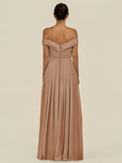 KissDress-Lurina Bronzer A Line Chiffon Off the Shoulder Pleated Long Bridesmaid Dress with Slit