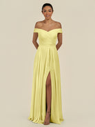 KissDress-Lurina Buttercup A Line Chiffon Off the Shoulder Pleated Long Bridesmaid Dress with Slit