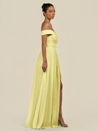 KissDress-Lurina Buttercup A Line Chiffon Off the Shoulder Pleated Long Bridesmaid Dress with Slit