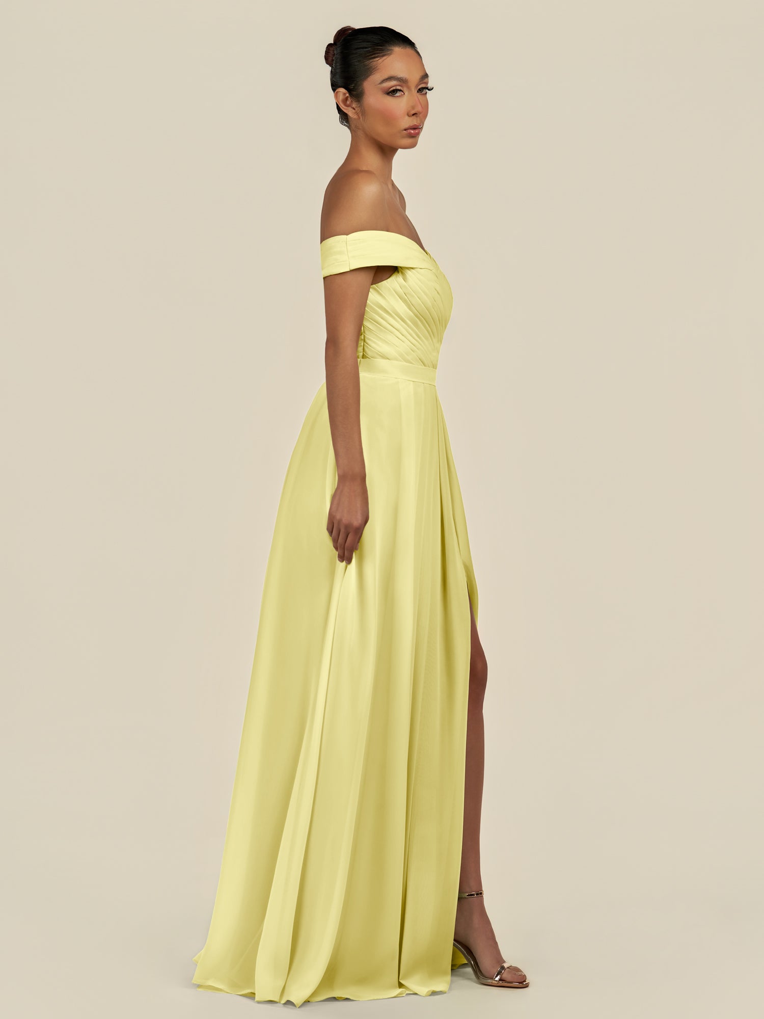 KissDress-Lurina Buttercup A Line Chiffon Off the Shoulder Pleated Long Bridesmaid Dress with Slit