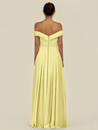 KissDress-Lurina Buttercup A Line Chiffon Off the Shoulder Pleated Long Bridesmaid Dress with Slit