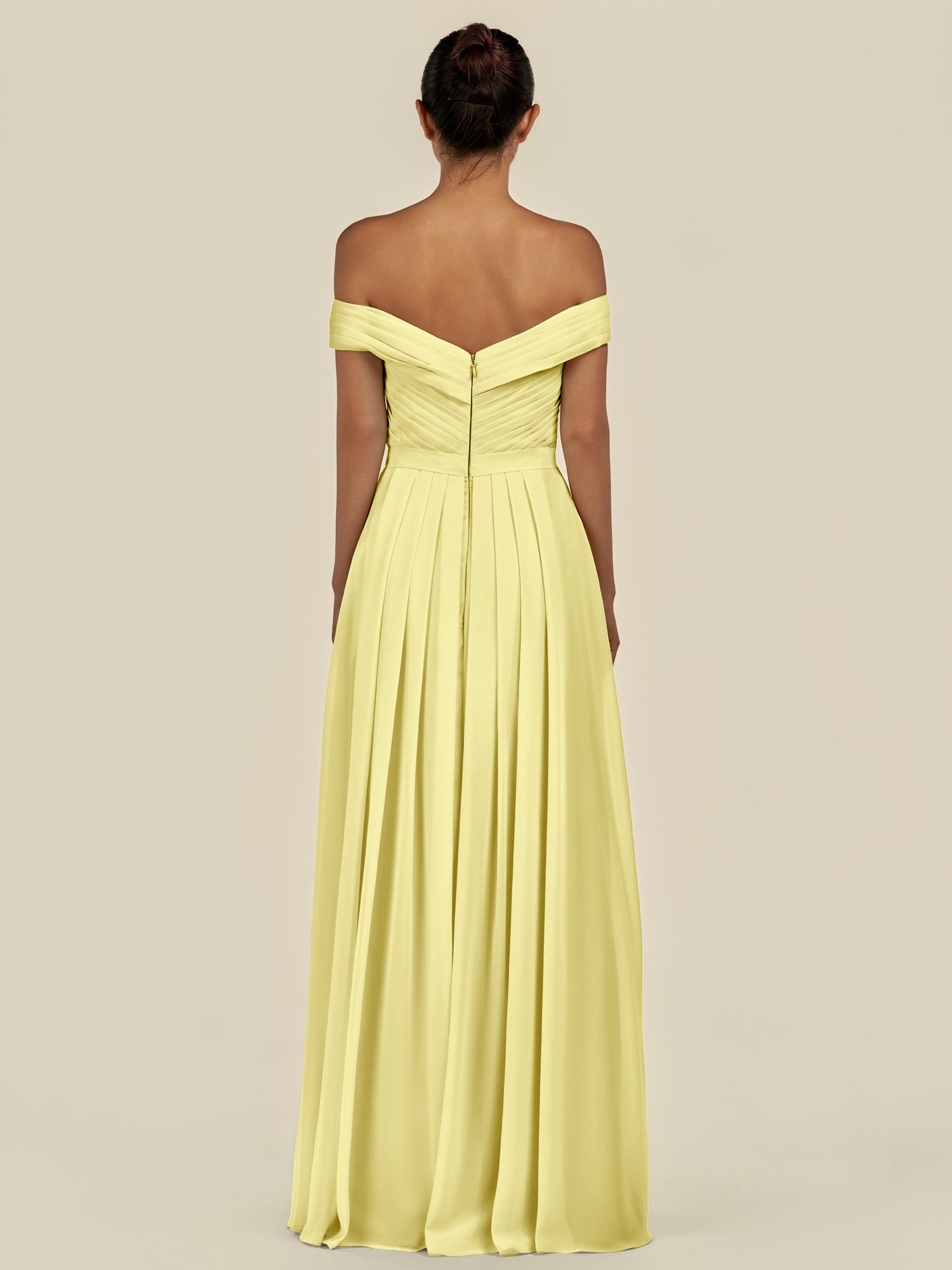 KissDress-Lurina Buttercup A Line Chiffon Off the Shoulder Pleated Long Bridesmaid Dress with Slit