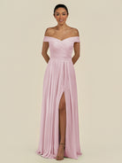 KissDress-Lurina Candy Pink A Line Chiffon Off the Shoulder Pleated Long Bridesmaid Dress with Slit