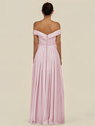 KissDress-Lurina Candy Pink A Line Chiffon Off the Shoulder Pleated Long Bridesmaid Dress with Slit