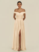 KissDress-Lurina Champagne A Line Chiffon Off the Shoulder Pleated Long Bridesmaid Dress with Slit