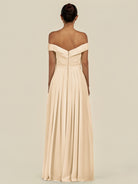 KissDress-Lurina Champagne A Line Chiffon Off the Shoulder Pleated Long Bridesmaid Dress with Slit