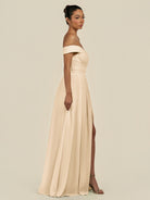 KissDress-Lurina Champagne A Line Chiffon Off the Shoulder Pleated Long Bridesmaid Dress with Slit