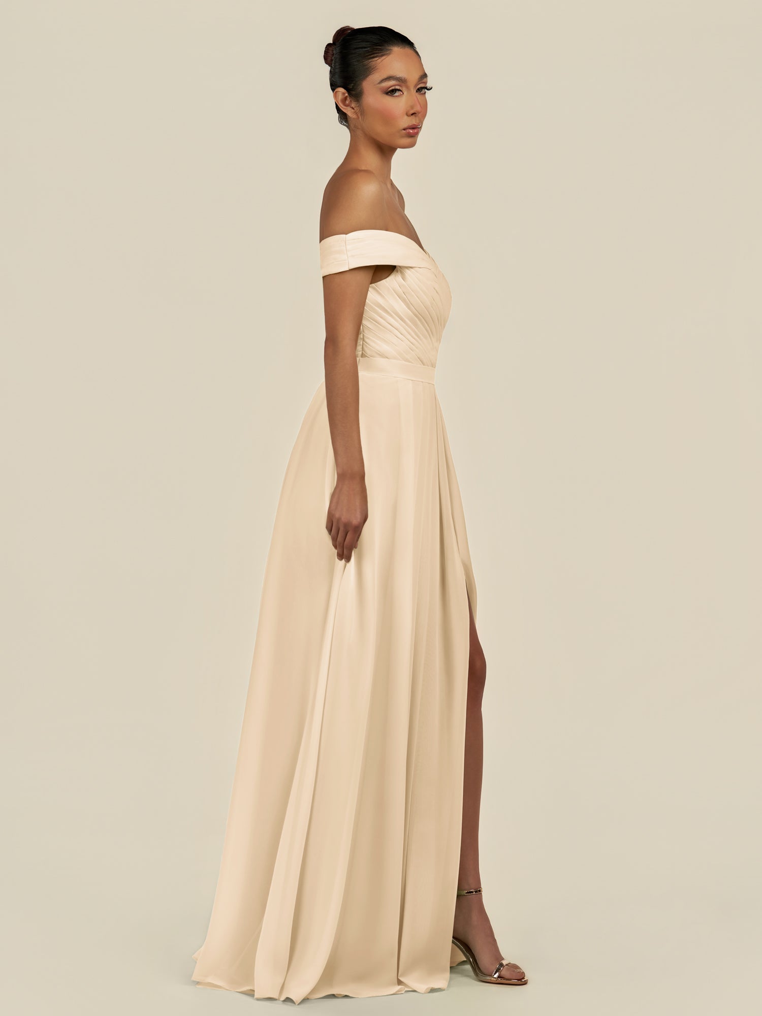 KissDress-Lurina Champagne A Line Chiffon Off the Shoulder Pleated Long Bridesmaid Dress with Slit