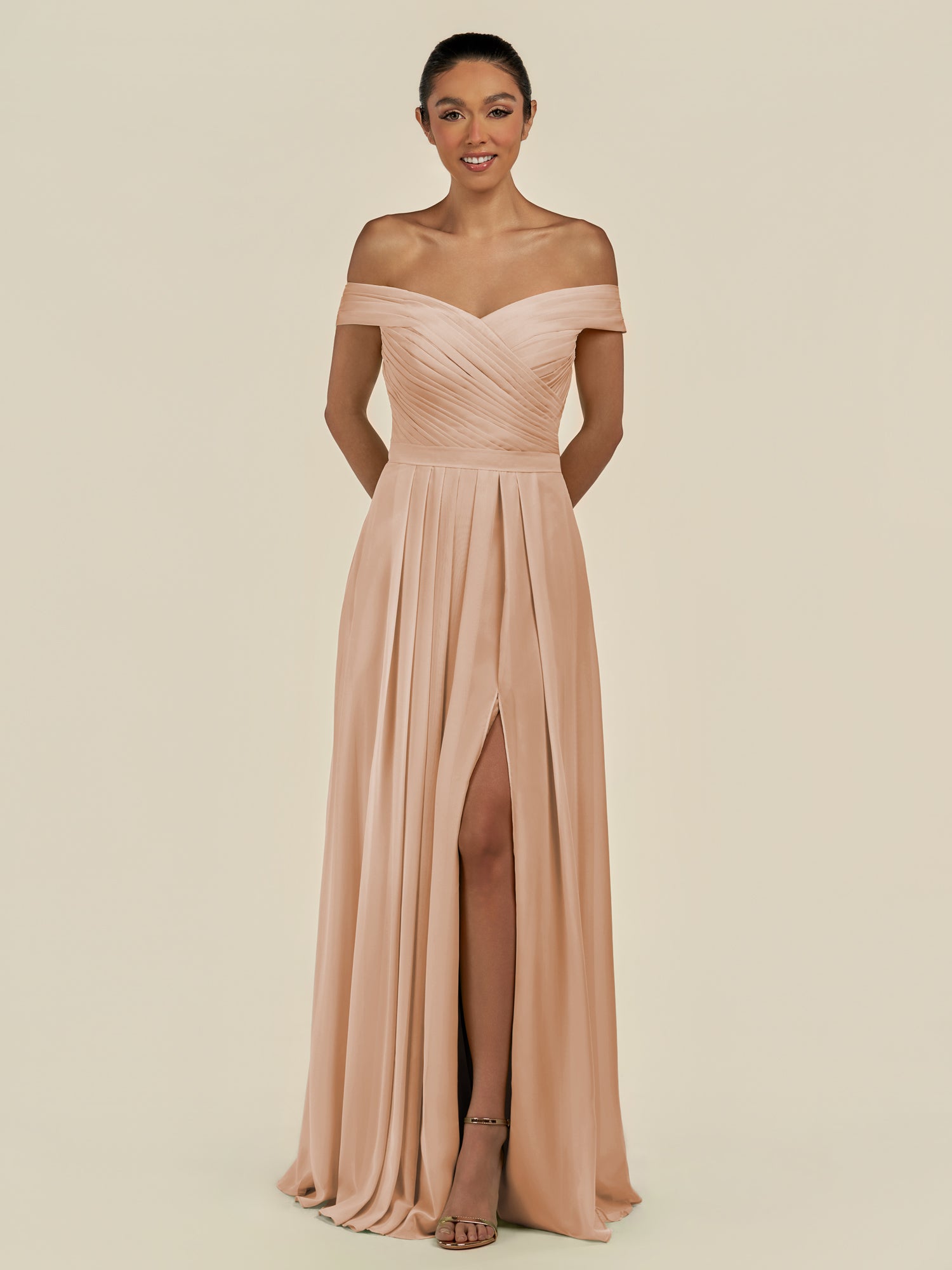 KissDress-Lurina Champagne Rose A Line Chiffon Off the Shoulder Pleated Long Bridesmaid Dress with Slit