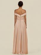 KissDress-Lurina Champagne Rose A Line Chiffon Off the Shoulder Pleated Long Bridesmaid Dress with Slit