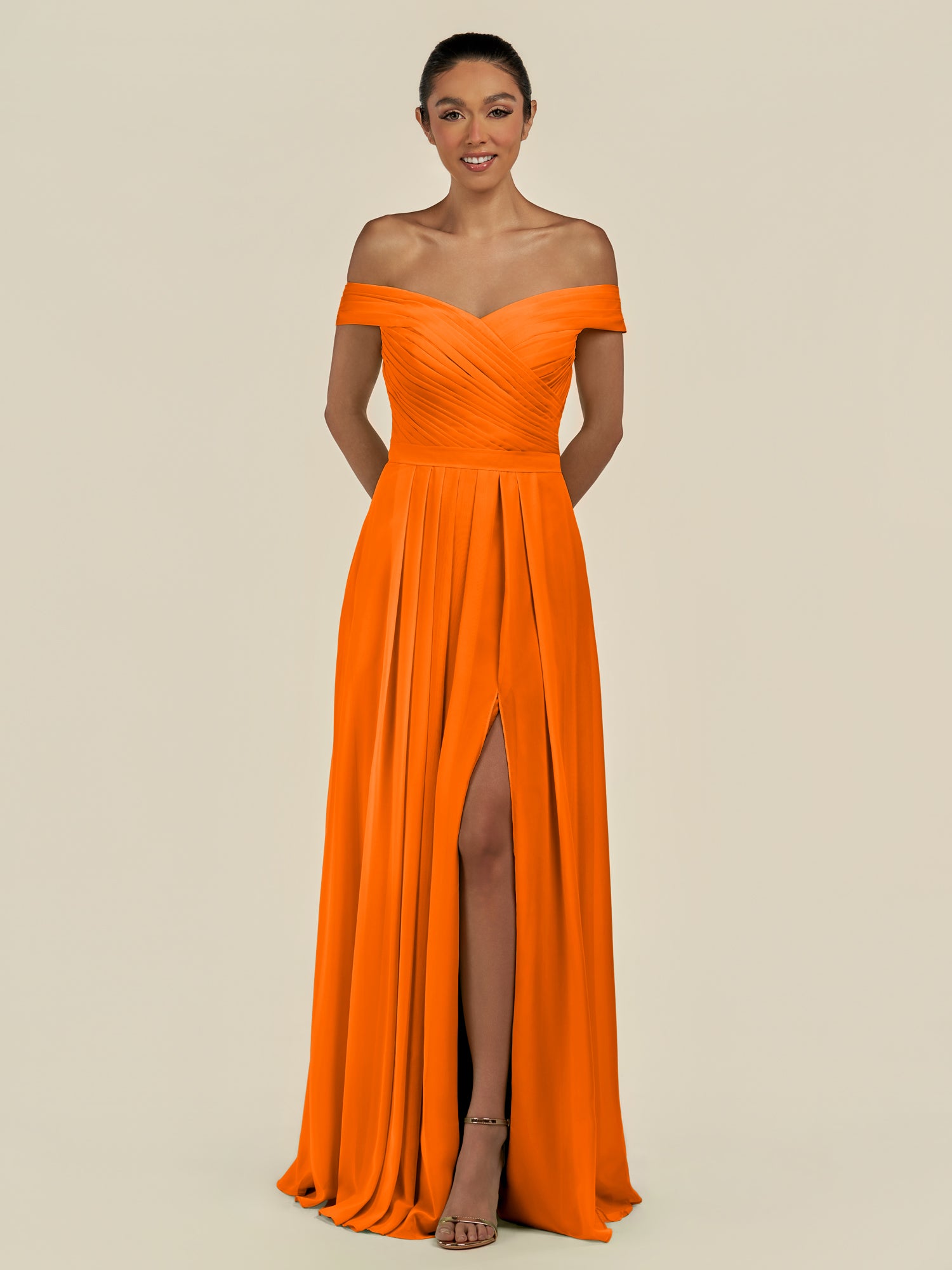 KissDress-Lurina Cinnamon A Line Chiffon Off the Shoulder Pleated Long Bridesmaid Dress with Slit