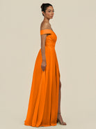KissDress-Lurina Cinnamon A Line Chiffon Off the Shoulder Pleated Long Bridesmaid Dress with Slit