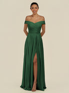 KissDress-Lurina Dark Green A Line Chiffon Off the Shoulder Pleated Long Bridesmaid Dress with Slit