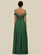 KissDress-Lurina Dark Green A Line Chiffon Off the Shoulder Pleated Long Bridesmaid Dress with Slit