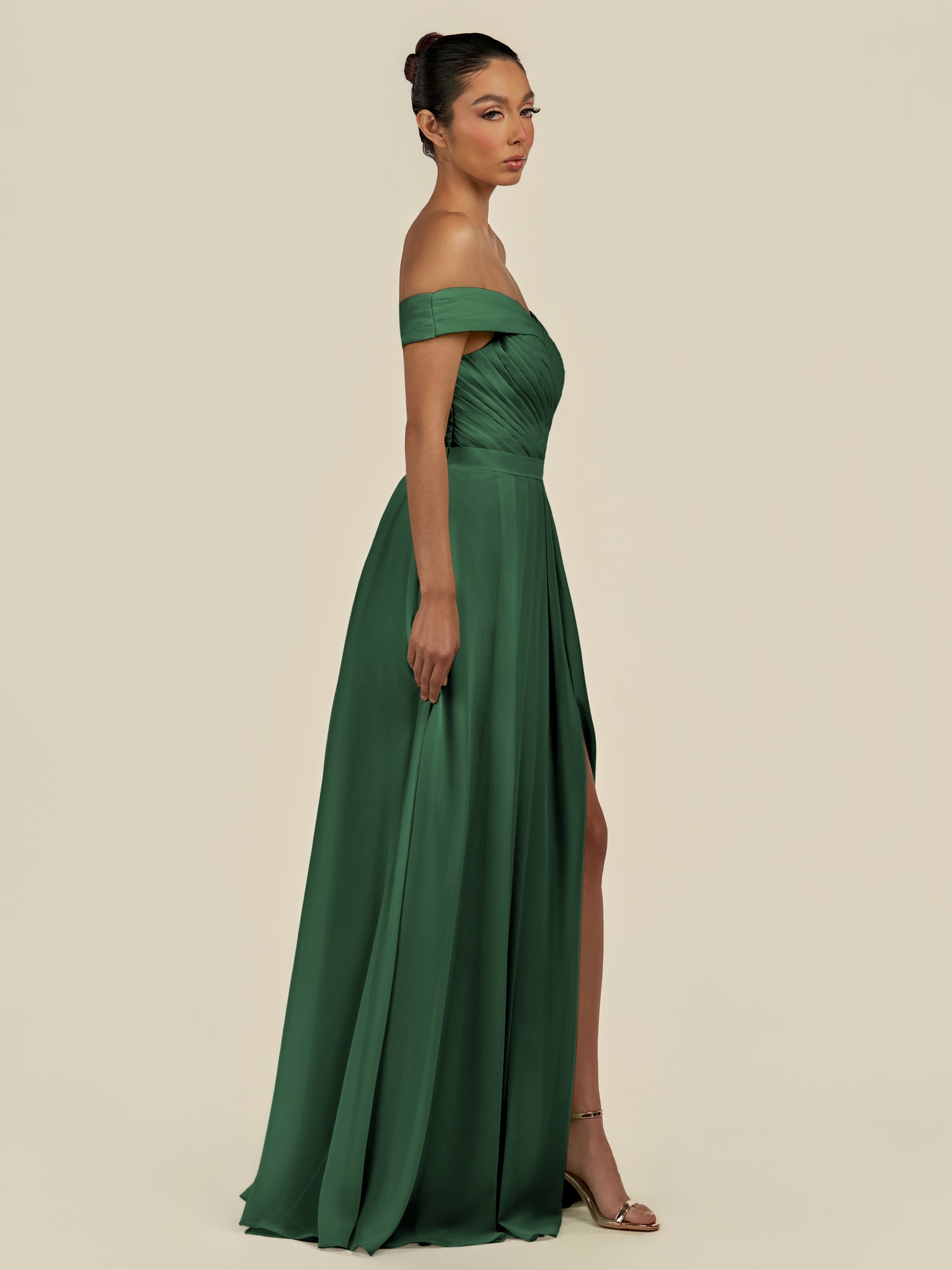 KissDress-Lurina Dark Green A Line Chiffon Off the Shoulder Pleated Long Bridesmaid Dress with Slit