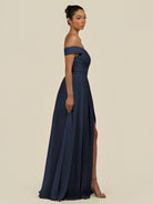 KissDress-Lurina Dark Navy A Line Chiffon Off the Shoulder Pleated Long Bridesmaid Dress with Slit